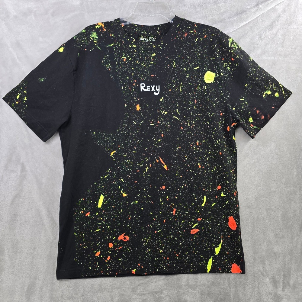 Rexy Paint Splatter T Shirt Mens‎ XL Black Neon Green Orange Graphic Tee